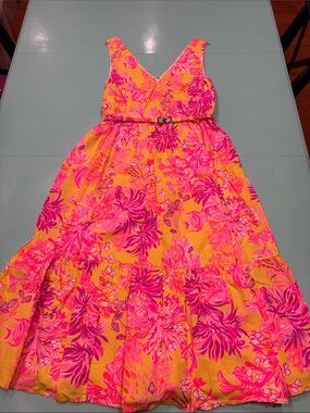 Lilly Pulitzer Pink & Yellow Bri V-Neck Midi Dress